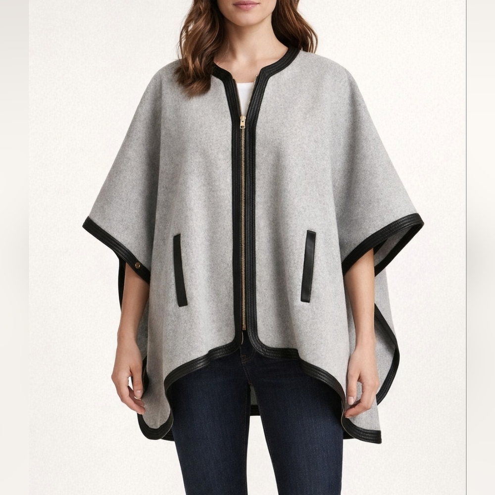 Marc New York Gray Cape Poncho Jacket | Faux Leather Trim | Zip Front | Size M